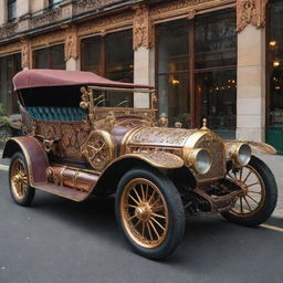 An intricate steampunk styled car with prominent brass and copper detailing, Victorian ornamentation, and mechanical gears