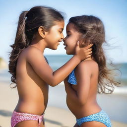 An Indian sister gently kissing her younger sister on the forehead with care and affection