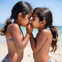 An Indian sister gently kissing her younger sister on the forehead with care and affection