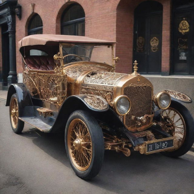 An intricate steampunk styled car with prominent brass and copper detailing, Victorian ornamentation, and mechanical gears