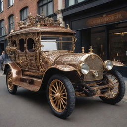 An intricate steampunk styled car with prominent brass and copper detailing, Victorian ornamentation, and mechanical gears