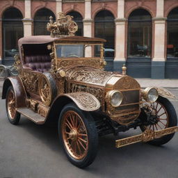 An intricate steampunk styled car with prominent brass and copper detailing, Victorian ornamentation, and mechanical gears