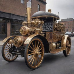 A steam-powered car from the 1800s enhanced with intricate steampunk aesthetics, prominently featuring brass detailing, Victorian ornamentation, and visible gears