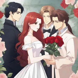 A woman with long red hair holds a rose