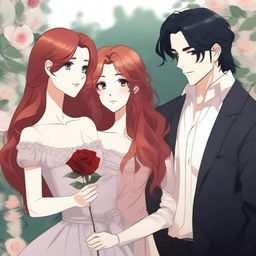 A woman with long red hair holds a rose