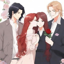 A woman with long red hair holds a rose