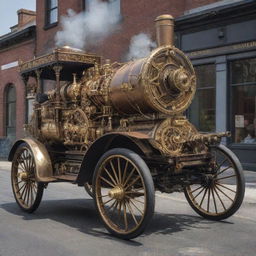 A steam-powered car from the 1800s enhanced with intricate steampunk aesthetics, prominently featuring brass detailing, Victorian ornamentation, and visible gears