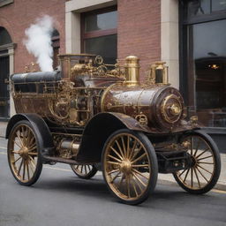 A steam-powered car from the 1800s enhanced with intricate steampunk aesthetics, prominently featuring brass detailing, Victorian ornamentation, and visible gears