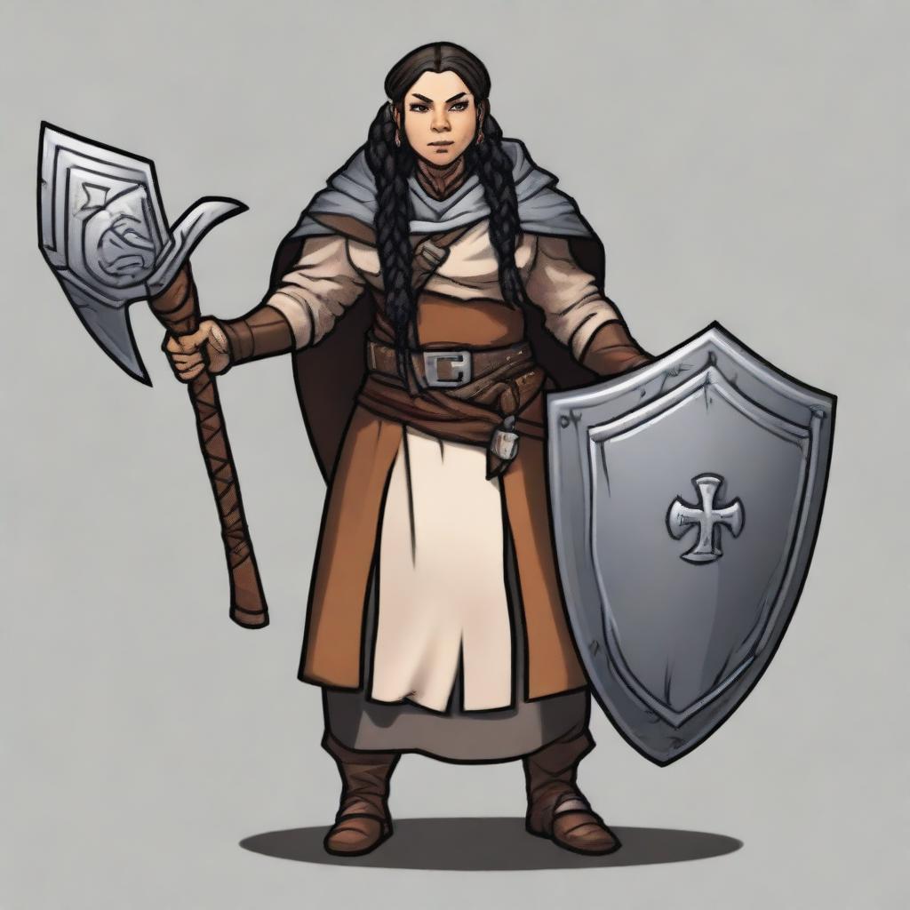 A female dwarf cleric standing at 4 feet tall and weighing 130 pounds