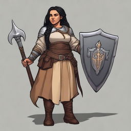 A female dwarf cleric standing at 4 feet tall and weighing 130 pounds