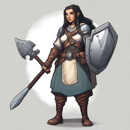 A female dwarf cleric standing at 4 feet tall and weighing 130 pounds