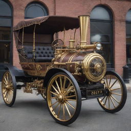 A steam-powered car from the 1800s enhanced with intricate steampunk aesthetics, prominently featuring brass detailing, Victorian ornamentation, and visible gears