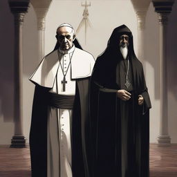 An illustration featuring a pope and an Imam priest of Horus, depicted in a wicked, dark, and vile manner