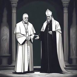 An illustration featuring a pope and an Imam priest of Horus, depicted in a wicked, dark, and vile manner