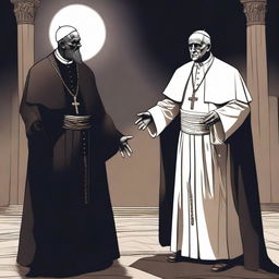 An illustration featuring a pope and an Imam priest of Horus, depicted in a wicked, dark, and vile manner