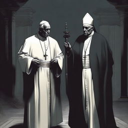 An illustration featuring a pope and an Imam priest of Horus, depicted in a wicked, dark, and vile manner