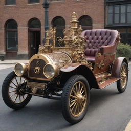 A 1900s automobile reimagined in steampunk style with ornate brass details, Victorian accents, and exposed mechanical gears