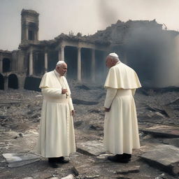 A dramatic scene featuring a pope and an imam standing together amidst a backdrop of destruction