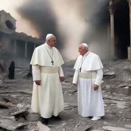 A dramatic scene featuring a pope and an imam standing together amidst a backdrop of destruction