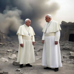 A dramatic scene featuring a pope and an imam standing together amidst a backdrop of destruction