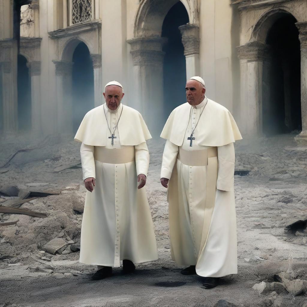 A dramatic scene featuring a pope and an imam standing together amidst a backdrop of destruction