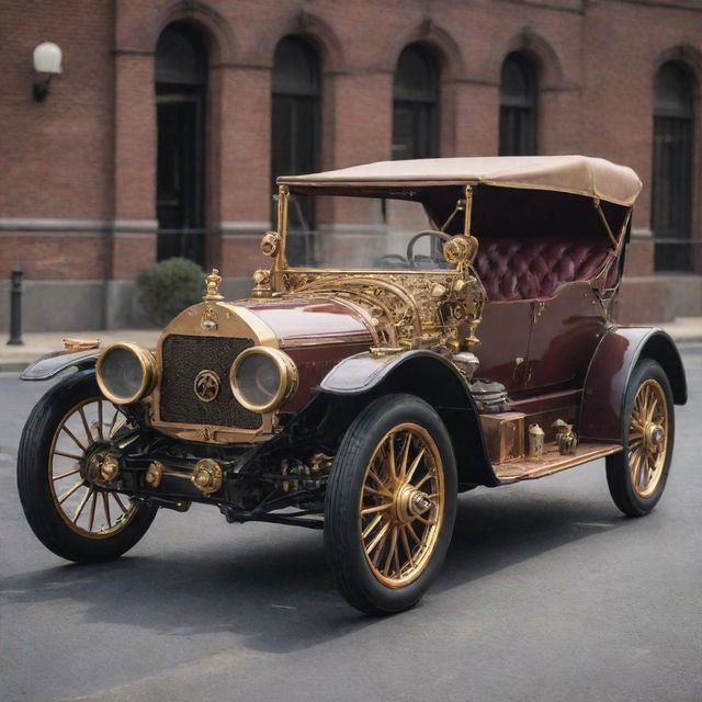 A 1900s automobile reimagined in steampunk style with ornate brass details, Victorian accents, and exposed mechanical gears