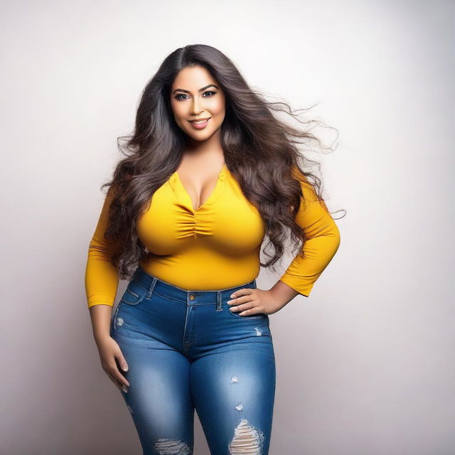 A beautiful Latina woman with a curvy figure, standing confidently