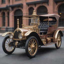 A 1900s automobile reimagined in steampunk style with ornate brass details, Victorian accents, and exposed mechanical gears