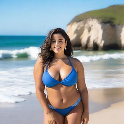 A curvaceous Latina woman wearing a tight bikini, posing confidently by the beach