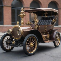 A 1900s automobile reimagined in steampunk style with ornate brass details, Victorian accents, and exposed mechanical gears