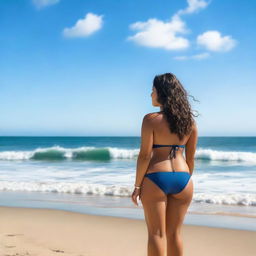 A curvaceous Latina woman wearing a tight bikini, seen from behind, standing confidently by the beach