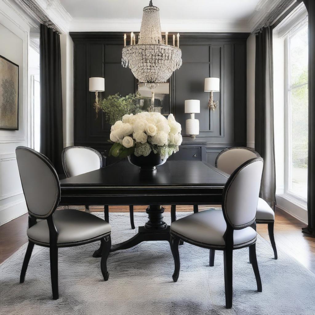 Create a beautifully decorated dining room featuring elegant French chairs and a sleek black table