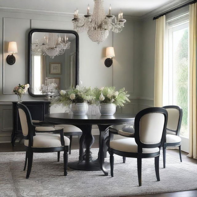 Create a beautifully decorated dining room featuring elegant French chairs and a sleek black table