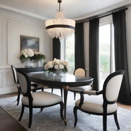 Create a beautifully decorated dining room featuring elegant French chairs and a sleek black table