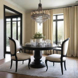 Create a beautifully decorated dining room featuring elegant French chairs and a sleek black table