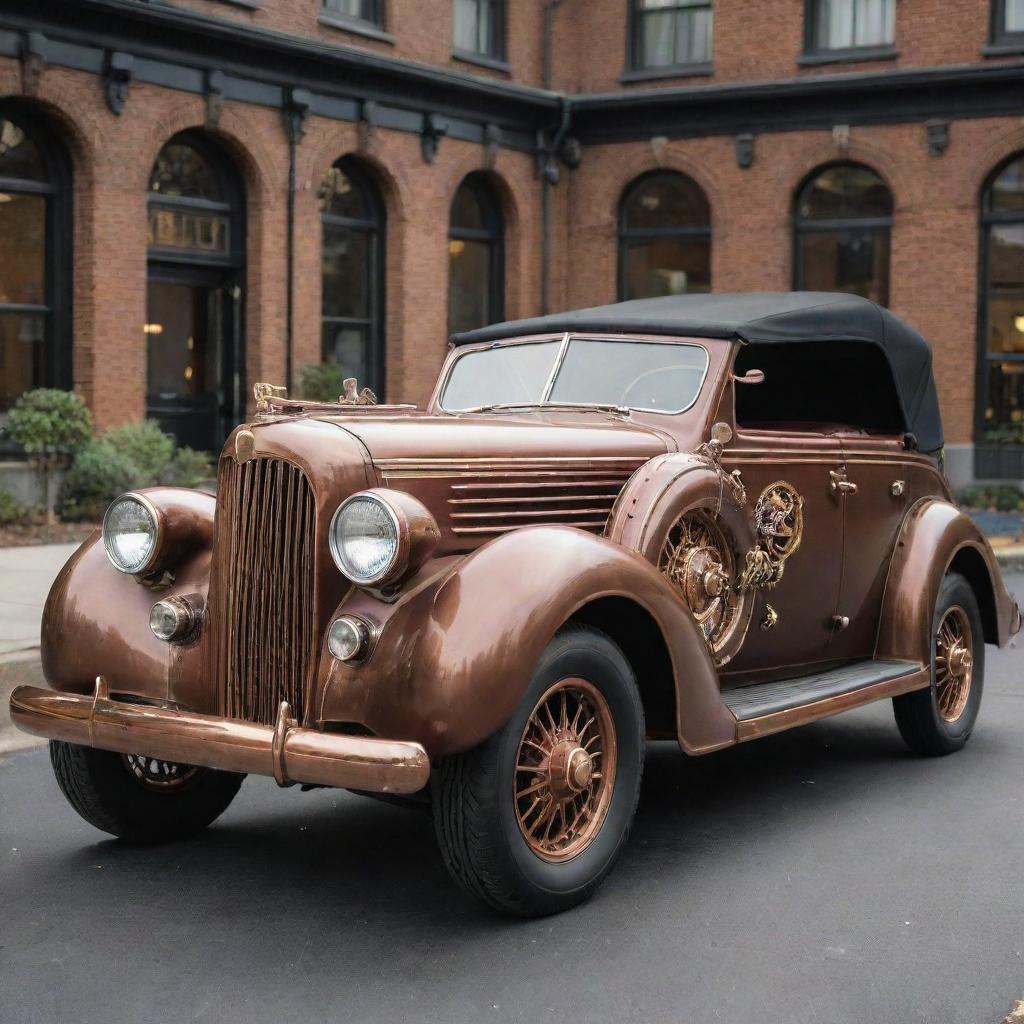 A 1940s-style car reimagined with steampunk elements, showcasing detailed brass and copper accents, Victorian embellishments, and exposed mechanical gears