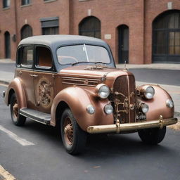 A 1940s-style car reimagined with steampunk elements, showcasing detailed brass and copper accents, Victorian embellishments, and exposed mechanical gears