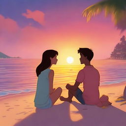 An animated scene depicting a summer teen romance