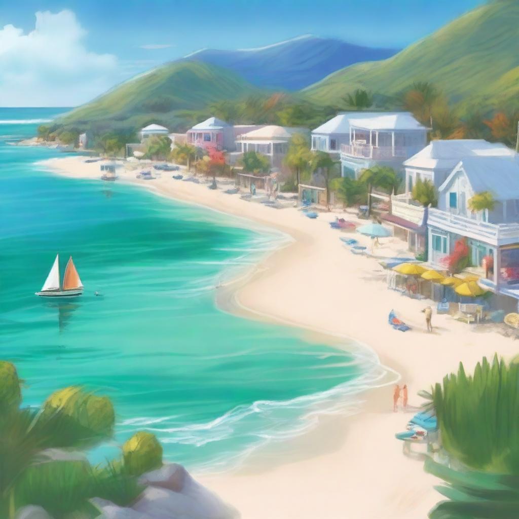 Create a picturesque scene of Coral Bay, a coastal town with pristine beaches, charming boardwalks, and a close-knit community