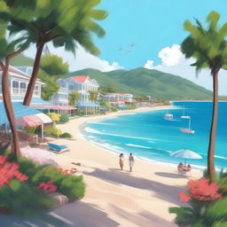 Create a picturesque scene of Coral Bay, a coastal town with pristine beaches, charming boardwalks, and a close-knit community