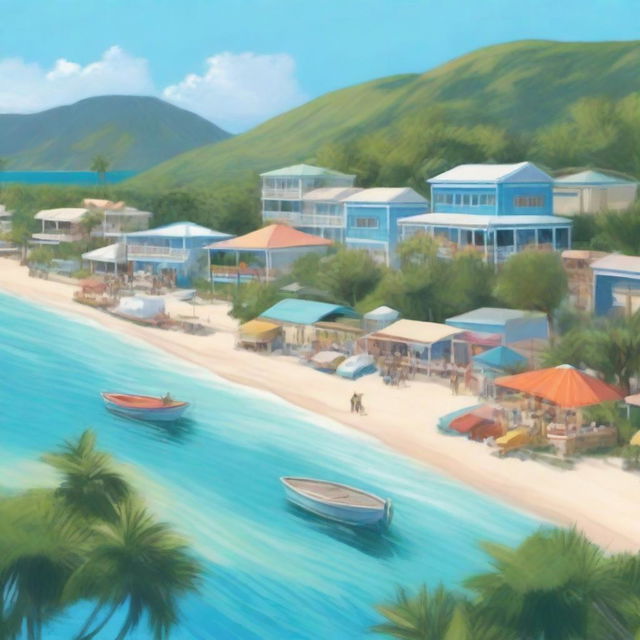 Create a picturesque scene of Coral Bay, a coastal town with pristine beaches, charming boardwalks, and a close-knit community