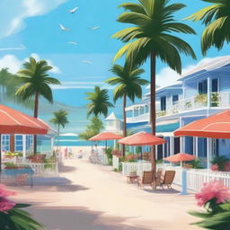 Create a picturesque scene of Coral Bay, a coastal town with pristine beaches, charming boardwalks, and a close-knit community