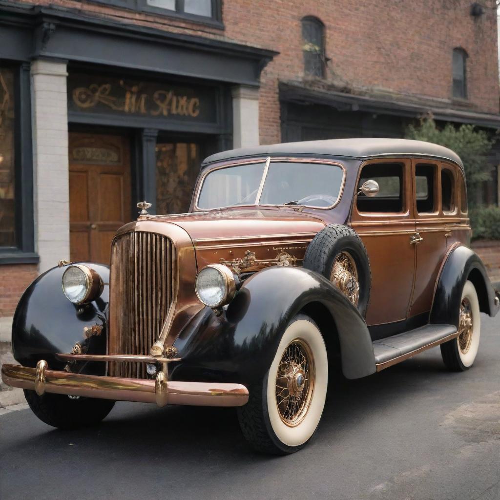 A 1940s-style car reimagined with steampunk elements, showcasing detailed brass and copper accents, Victorian embellishments, and exposed mechanical gears