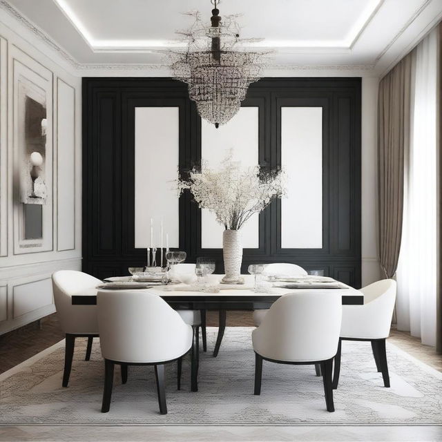 Create a dining room featuring a rectangular modern black table with six French chairs