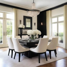 Create a dining room featuring a rectangular modern black table with six French chairs