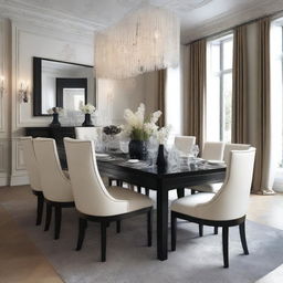 Create a dining room featuring a rectangular modern black table with six French chairs