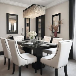 Create a dining room featuring a rectangular modern black table with six French chairs