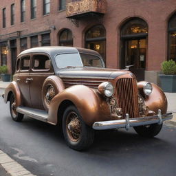 A 1940s-style car reimagined with steampunk elements, showcasing detailed brass and copper accents, Victorian embellishments, and exposed mechanical gears