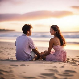 A cute teenage couple sitting on the sand at a beach during sunset