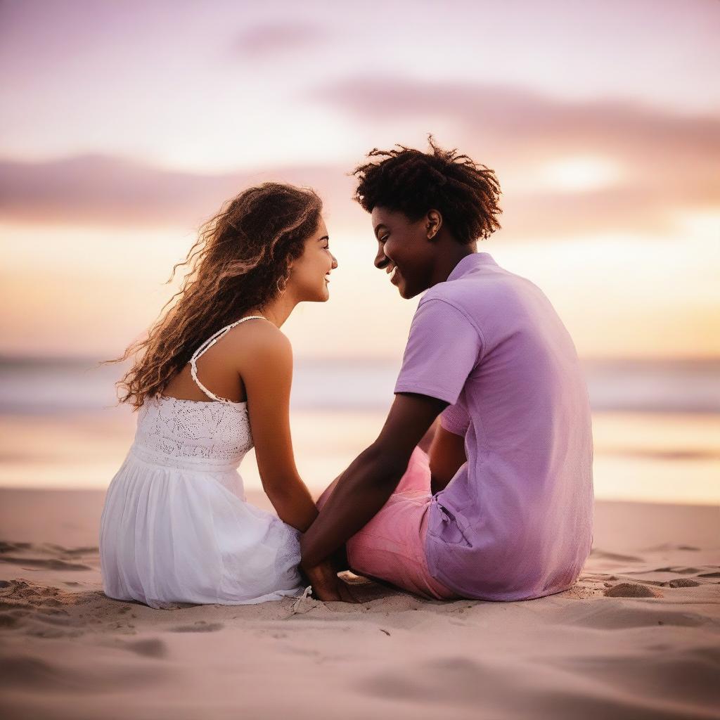 A cute teenage couple sitting on the sand at a beach during sunset